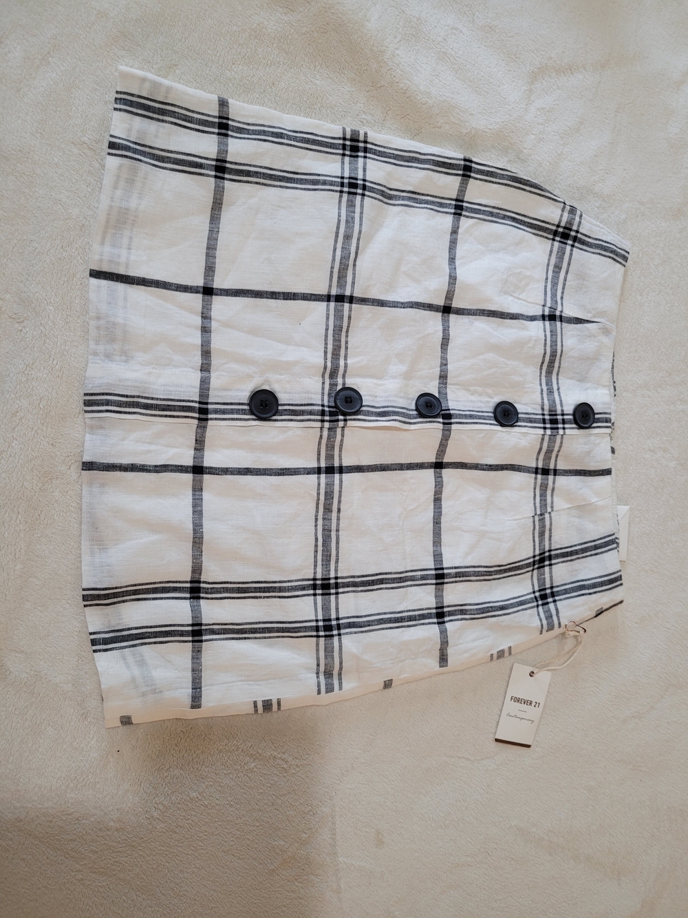 NWT Forever 21 Linen Plaid Skirt Women's Black White Buttons Size S
